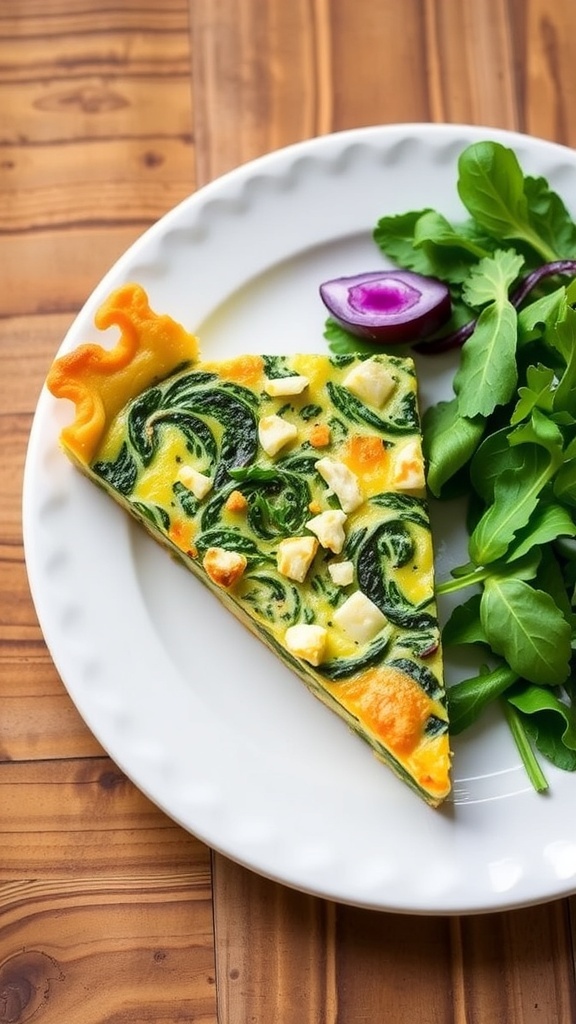 Healthy Spinach and Feta Quiche Recipe A slice of spinach and feta quiche with a golden crust and green filling, served with mixed greens on a rustic table.